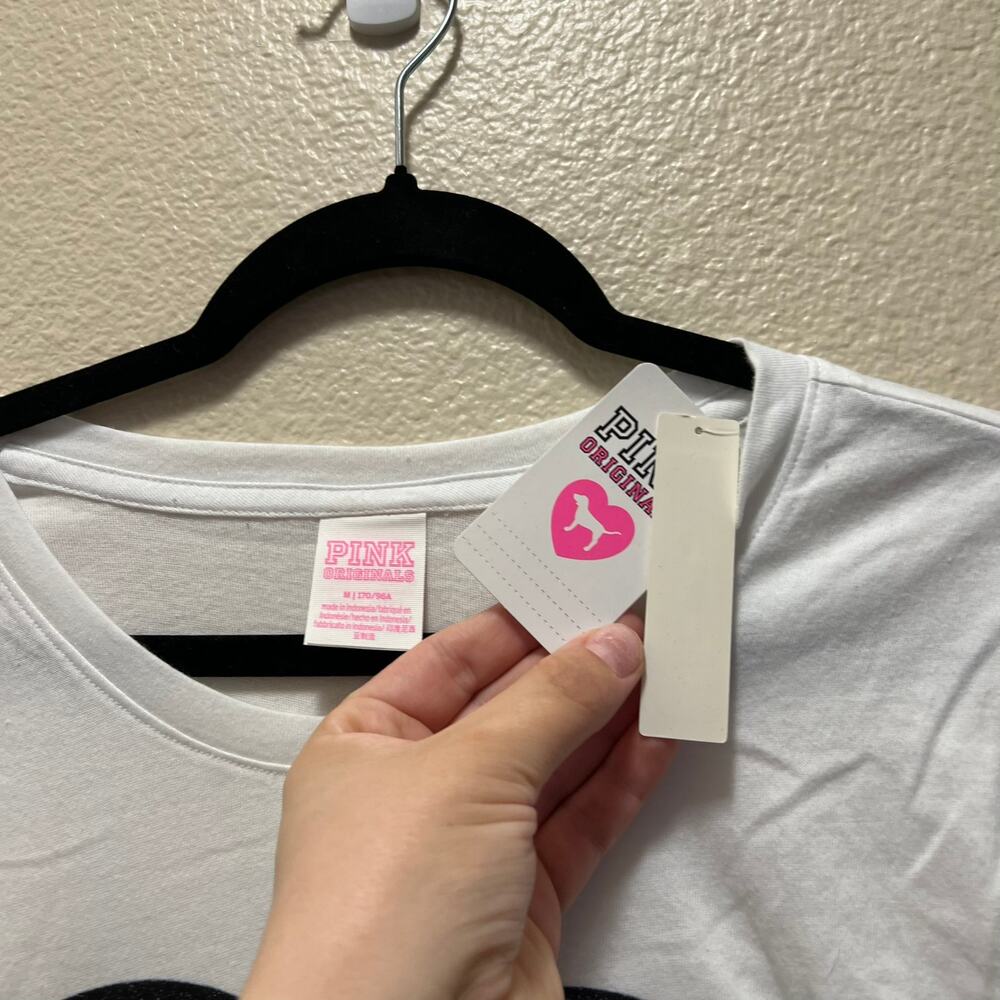 Victoria's Secret PINK Originals White Sparkle Heart Short Sleeve T-Shirt Size M - Picture 6 of 7